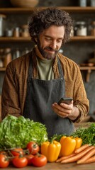 Fototapeta premium A young adult man is preparing fresh veggies on the kitchen counter, including tomatoes, carrots, bell peppers, lettuce, and herbs, while holding a smartphone that displays a recipe app.