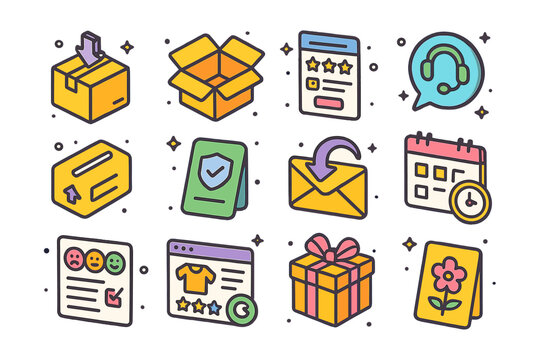 Colorful Post-Purchase Icons. Colorful isometric vector icons set of Post-Purchase Experience: delivery package icon, unboxing open box, product review form,