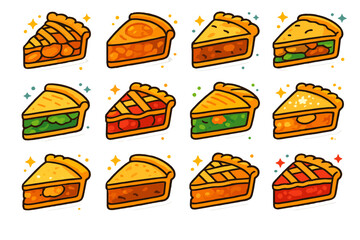 Global Pie Iconography. Colorful isometric vector icons set of Global Pie Styles: American apple pie slice, French tarte tatin slice, British meat pie slice,
