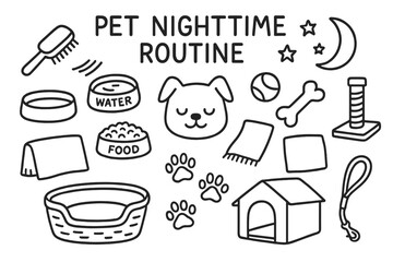 Pet Nighttime Routine Icons. Hand-drawn doodle illustration pet nighttime routine brushing pet, water bowl, food dish, toy ball, chew bone, scratching post,