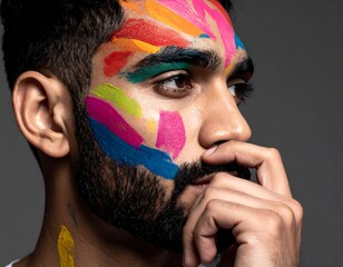 Close-up portrait of a man with colorful face paint