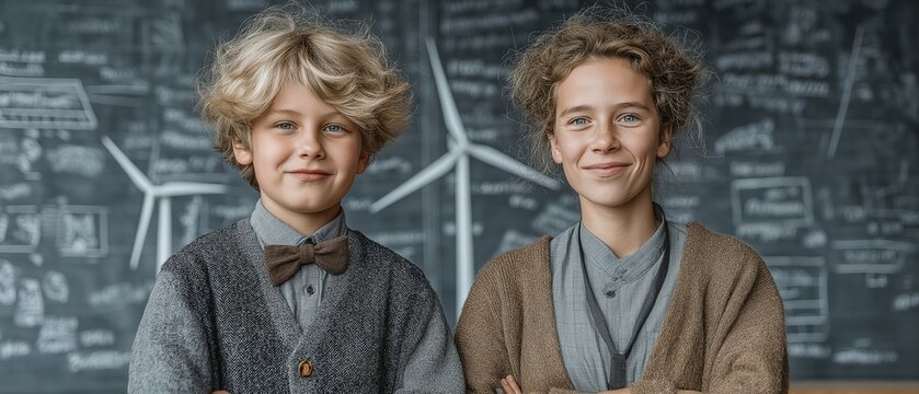 During a class introducing renewable energy sources, a boy holding a windmill model stands next to a female teacher holding a solar panel.