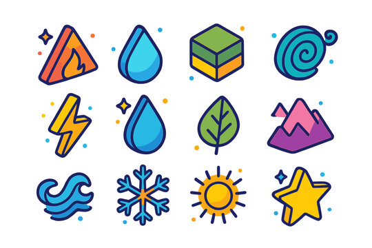 Elemental Isometric Icon Set. Colorful isometric vector icons set of elemental symbols: triangle for fire, inverted triangle for water, square for earth,