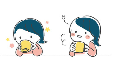 手描き　ホットドリンクを飲む女性のイラスト