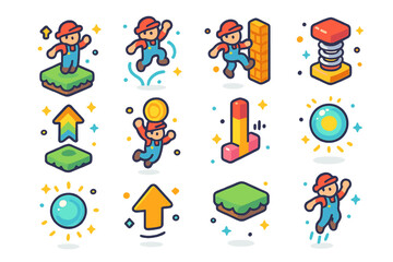 Fototapeta premium Colorful Jump Icons. Colorful isometric vector icons set of Video game jump actions: jump platform, character double jump, wall jump, spring pad, level-up jump