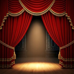 Rich crimson velvet theater curtains open onto a dimly lit stage, bathed in warm spotlight.