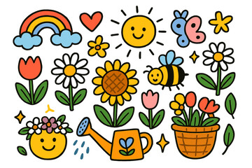 Colorful Flower Doodle. Colorful Hand-drawn doodle Children illustration flower field tulip, daisy, sunflower, bee, butterfly, rainbow, cloud, heart, watering