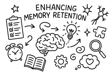 Memory Boost Icons. Hand-drawn doodle illustration Enhancing memory retention [brain, checklist, neuron, light bulb, spark, star, puzzle piece, clock, arrow,