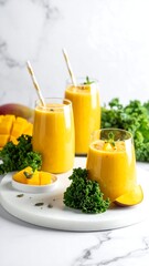 Three glasses of vibrant mango smoothie