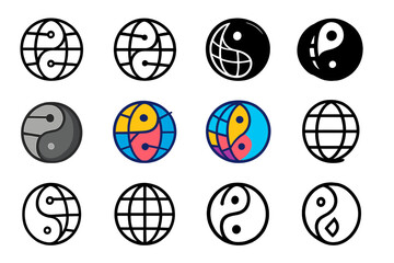 Cultural Adaptation Logos. Set Logo of Cultural Adaptation: Yin yang globe. Logo set in vector style, emblematic variations. line, bold thick line, solid black
