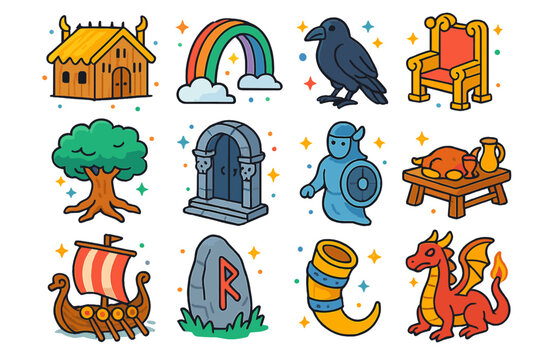 Norse Afterlife Icons. Colorful isometric vector icons set of Norse afterlife realms: Valhalla hall, rainbow Bifrost, soul raven, Yggdrasil tree, Helheim gate,