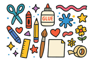 Colorful DIY Art Supplies. DIY art. Colorful Hand-drawn doodle Children illustration scissors, glue, ribbon, crayon, pencil, paintbrush, paper, paint splatter,