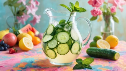 Refreshingly cool pitcher of cucumber mint infused water surrounded by vibrant fresh fruits and delicate pink flowers, perfect for summer gatherings