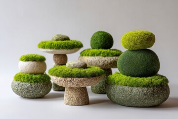 Stone and moss sculptures rest on a light surface against a muted backdrop