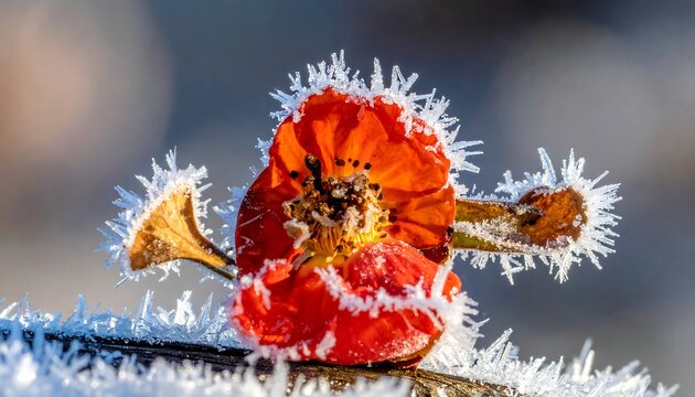 Frozen red flower close-up