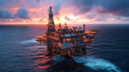 Oil rig at sunset with vibrant sky and ocean waves