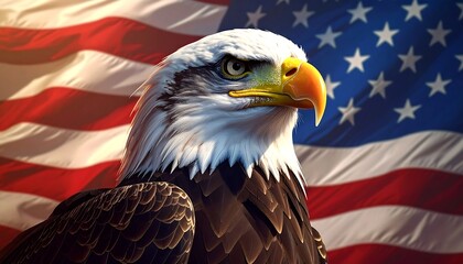 A close-up shot of a majestic bald eagle, a symbol of freedom, set against a waving American flag. A vibrant display