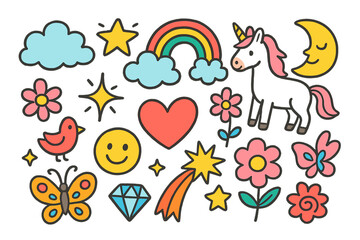 Whimsical Fantasy Doodle. Colorful Hand-drawn doodle Children illustration Fantasy Thoughts [clouds, rainbow, unicorn, star, moon, sun, flower, spark, heart,