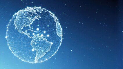 Global network connection glowing futuristic digital Earth with shining nodes and lines against deep blue starry background