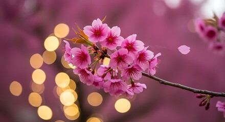 A cluster of vibrant pink cherry blossoms gracefully displays delicate petals against a soft background of out-of-focus golden lights, showcasing a peaceful springtime scene.