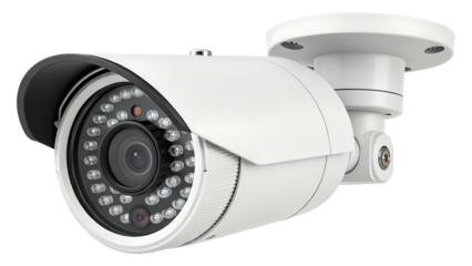 Expansive white color selling home security camera cut out on PNG. AI GENERATED.
