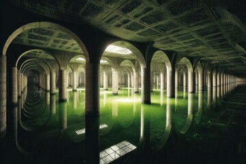 Flooded, arched concrete structure