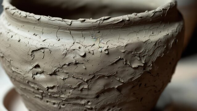 Unfired clay pot texture revealing intricate cracks and organic surface details, capturing the raw beauty of artisanal creation