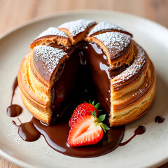 Lava cake with strawberries on a plate.
