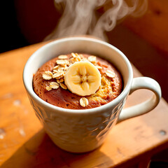 Banana and oatmeal mugcake on wood table.