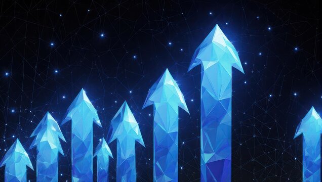 Dynamic blue crystal arrows ascend against a starry digital network, symbolizing growth, success, and innovation in a modern business landscape. - Powered by Adobe