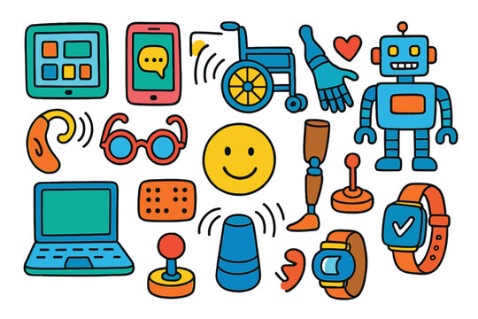 Colorful Assistive Tech Doodles. Colorful Hand-drawn doodle Children illustration Assistive technology [tablet, smartphone, wheelchair, hearing aid, glasses,