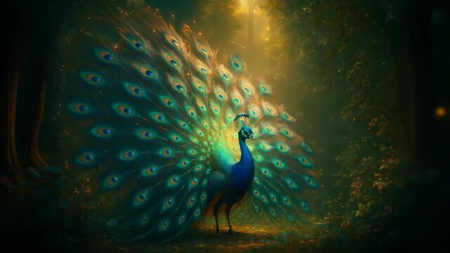 Peacock open his wings feather in the blue water 