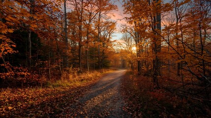 Obraz premium A tranquil dirt path winding through a vibrant autumn forest during a warm golden hour sunset