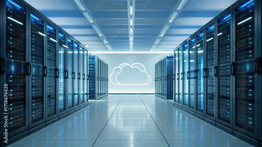 Poster a modern data center featuring rows of servers and a glowing cloud symbol on the wall.
