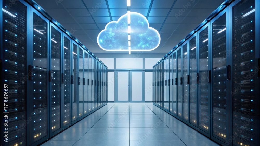 Poster a modern data center featuring rows of server racks, illuminated by blue lights and a digital cloud 