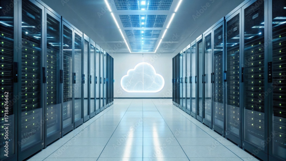 Poster a modern server room featuring rows of servers with a cloud graphic illuminated on the wall, emphasi