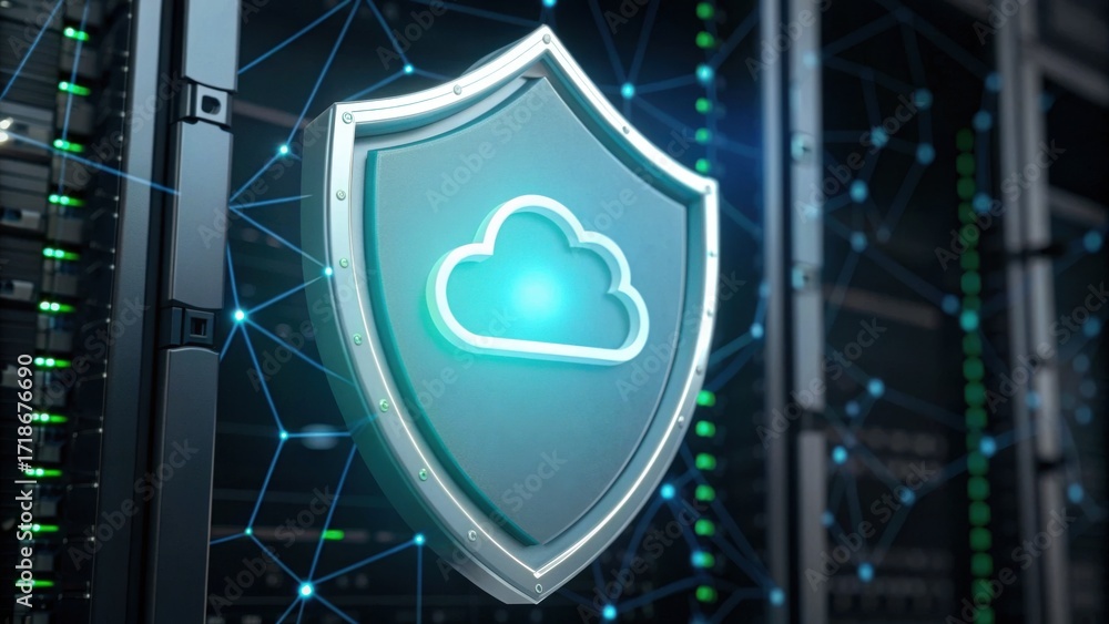 Poster a digital shield with a cloud symbol, representing cybersecurity and cloud computing, set against a 