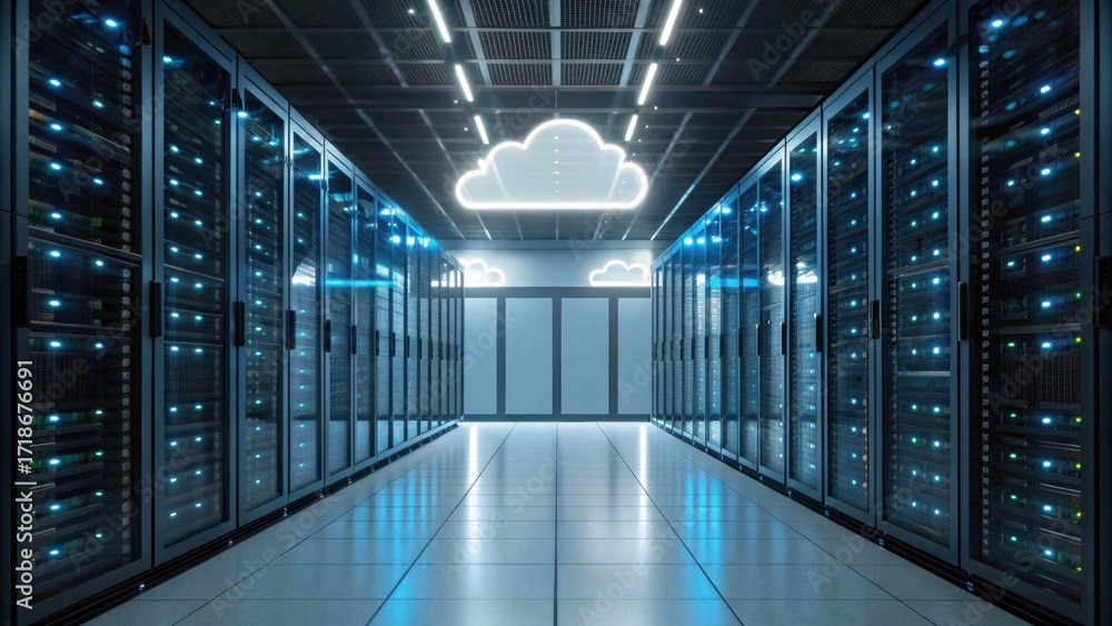 Poster a modern data center featuring rows of servers illuminated by blue lights and a cloud icon overhead.