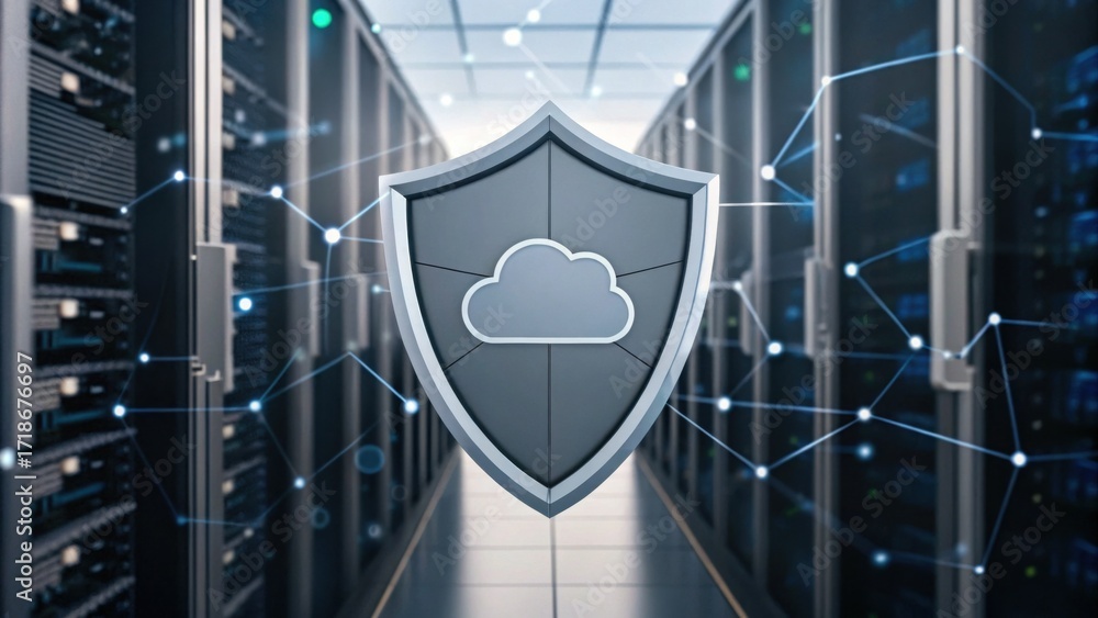 Poster a digital shield symbolizing cloud security in a data center filled with servers and connected netwo