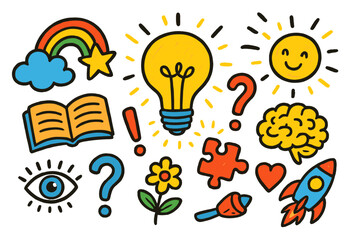 Whimsical Epiphany Icons. Colorful Hand-drawn doodle Children illustration Unexpected Epiphany [light bulb, spark, cloud, rainbow, star, question mark,