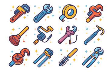 Obraz premium Plumbing Tools Icons. Colorful isometric vector icons set of Plumbing Tools and Equipment: pipe wrench, adjustable wrench, plumber's tape, pipe cutter,