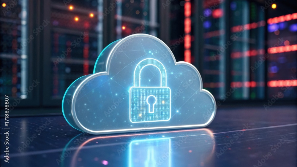 Poster a digital cloud symbol with a padlock, representing secure cloud storage and cybersecurity, set agai