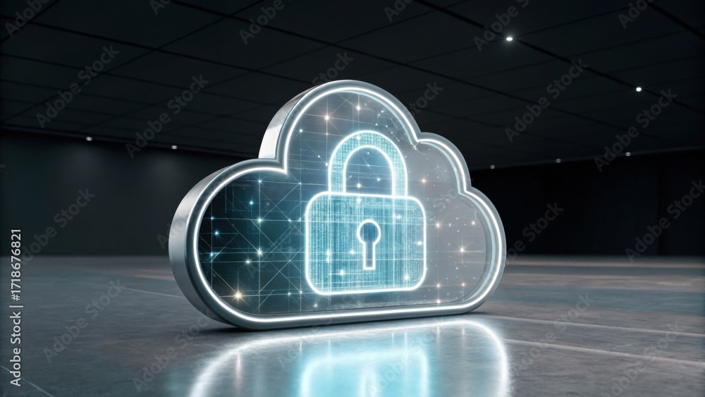 Poster a digital cloud symbol featuring a padlock, representing cybersecurity and data protection in a mode