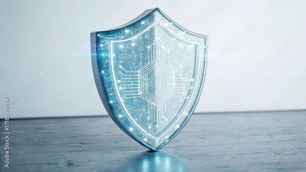 Poster a digital shield representing cybersecurity, featuring a circuit design and glowing elements, symbol