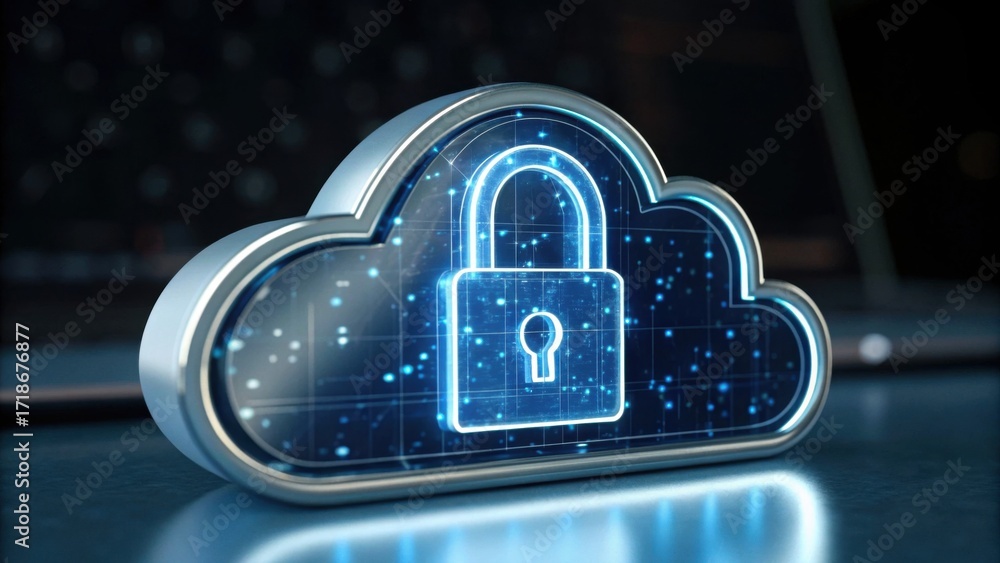 Poster a digital cloud symbol with a padlock, representing cybersecurity and data protection in a high-tech