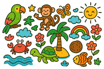 Island Wildlife Doodles. Colorful Hand-drawn doodle Children illustration island wildlife bird, parrot, monkey, butterfly, crab, turtle, fish, palm tree,