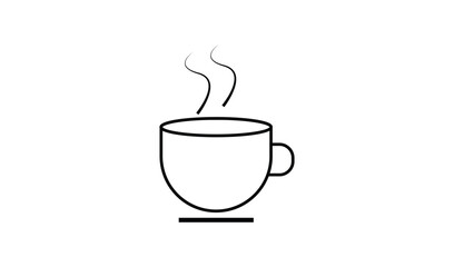 Simple line drawing of a steaming coffee cup on a white background