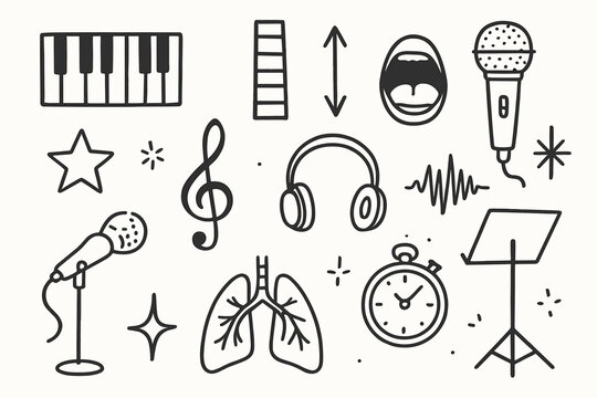 Expanding Vocal Range Doodles. Hand-drawn doodle illustration Expanding vocal range piano keys, scale ladder, arrow up, arrow down, microphone, open mouth,