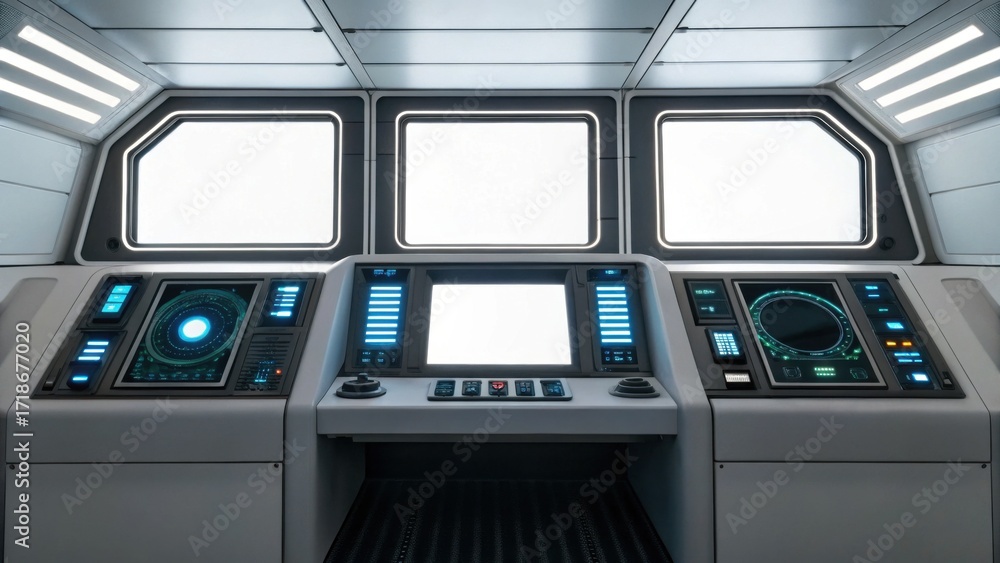 Poster a futuristic control room features sleek consoles with illuminated screens and panels, designed for 