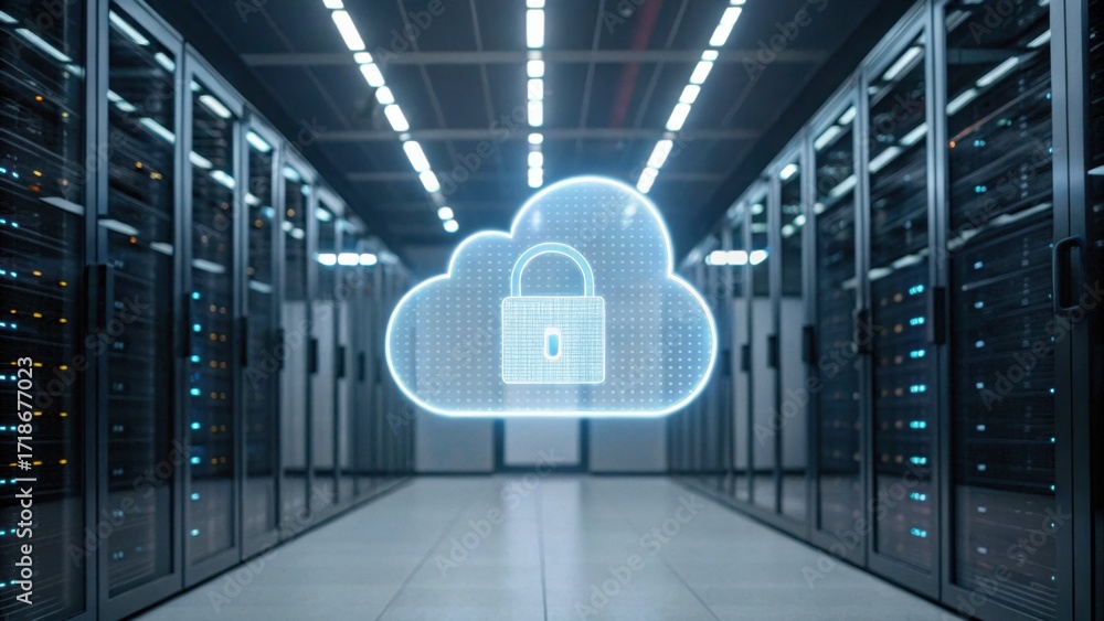 Poster a modern data center with server racks and a digital cloud symbol featuring a lock, representing clo